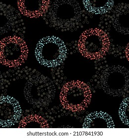 Seamless abstract pattern in polka dot style. Multicolored balloons on a black background. Vector illustration. Seamless vector illustration with pink and purple geometric shapes.