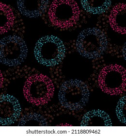 Seamless abstract pattern in polka dot style. Multicolored balloons on a black background. Vector illustration. Seamless vector illustration with pink and purple geometric shapes.