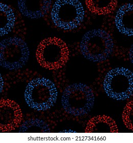 Seamless abstract pattern in polka dot style.  Black background. Seamless vector illustration with pink and purple geometric shapes.