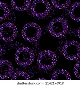 Seamless abstract pattern in polka dot style.  Black background. Seamless vector illustration with pink and purple geometric shapes.