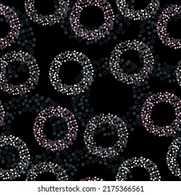 Seamless abstract pattern in polka dot style.  Black background. Seamless vector illustration with pink and purple geometric shapes.