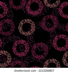 Seamless abstract pattern in polka dot style. The Memphis style. Geometrical figure. Seamless vector illustration with pink and purple geometric shapes.