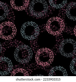 Patrón abstracto impecable en el estilo de los puntos de polka.  Fondo negro. Ilustración vectorial sin foco con formas geométricas rosadas y púrpura.