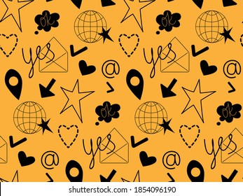 Patrón abstracto sin inconvenientes. Colección de íconos de medios sociales populares. Diseño de dibujos animados planos negros. El fondo amarillo es fácil de cambiar. Vector 10