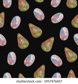 Seamless abstract pattern of precious stones on a black background. Abstraction with opals seamless vector pattern. Aesthetic crystal on a dark background.