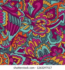 Seamless abstract pattern for printing on fabric or paper. Hand drawn background with ethnic aztec geometric motif. Doodle grunge floral surface