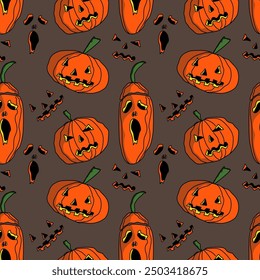 Seamless abstract pattern with  pumpkins, scary faces. Orange, black, brown. Vector. Halloween. Design for textile fabrics, wrapping paper, background, wallpaper, cover.