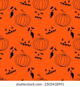 Seamless abstract pattern with  pumpkins, scary faces. Orange, black. Vector. Halloween. Design for textile fabrics, wrapping paper, background, wallpaper, cover.