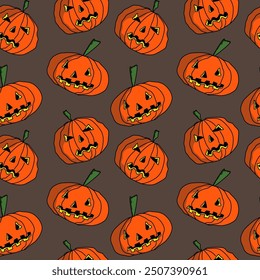 Seamless abstract pattern with  pumpkins, scary faces. Orange, black, brown. Vector. Halloween. Design for textile fabrics, wrapping paper, background, wallpaper, cover.