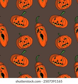 Seamless abstract pattern with  pumpkins, scary faces. Orange, green, black, brown. Vector. Halloween. Design for textile fabrics, wrapping paper, background, wallpaper, cover.