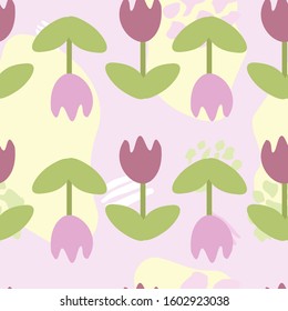 Seamless abstract pattern with purple tulips. Background of beautiful blooming tulips for fabric, paper, wrapping.