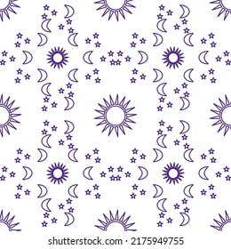 Seamless abstract pattern. Purple, violet, white. Vector illustration. Sun, moon, stars, sky. Ethnic style ornament. Design for textile fabrics, wrapping paper, background, wallpaper, cover.