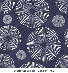 Seamless abstract pattern with radial line bursts forming circular shapes on a dark blue background. Modern geometric design with dynamic energy, ideal for textiles, wallpapers, and digital prints.