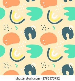 Seamless abstract pattern with rainbows, spots and curves. Vector illustration.