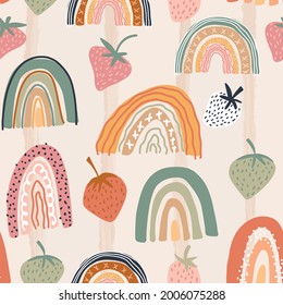 Seamless abstract pattern with rainbows, strawberries and vertical stripes. Cute pattern. Scandinavian style and boho, bohemian art. Great for fabric. Vector illustration, Terracotta colors.