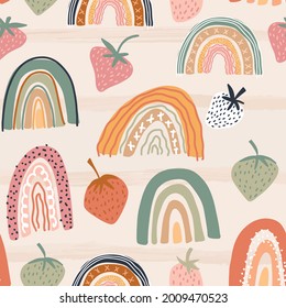 Patrón abstracto sin foco con arcos de lluvia, fresas y rayas horizontales. Patrón lindo. Estilo escandinavo y boho, arte bohemio. Ilustración vectorial, colores de terracota.