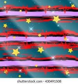 Seamless, abstract pattern with red, black and pink stripes and lines of the pulse. Blue-white background with the falling rays of light. Vector.