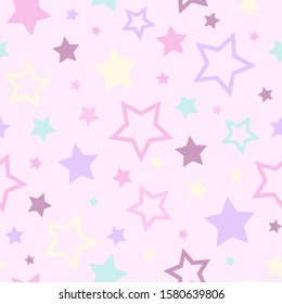 Seamless abstract pattern with red, blue and green stars on  white background. Magic holiday vector ornament. Cosmos texture for paper, wrapping and fabric.