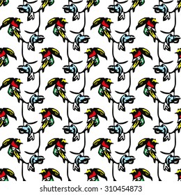 Seamless abstract pattern with red, blue, yellow and black elements on white background