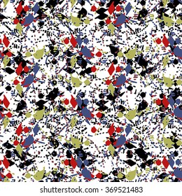 Seamless abstract pattern with red, blue, green, grey and black elements on white background