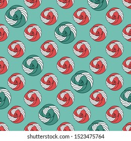 Seamless abstract pattern of red and blue-green with white stripes of swirls of candies, light gray-blue background. Great for decorating fabrics, gift wrapping, any printed materials, advertising.
