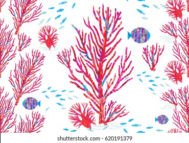 Seamless abstract pattern. Red corals and blue fish on a white background. Undersea world. Vector background for textile or book covers, manufacturing, wallpapers, print, gift wrap.