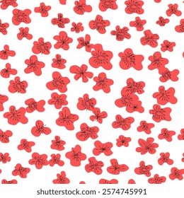 Seamless abstract  pattern with red flowers, wrapping paper, hand drawing, flat design