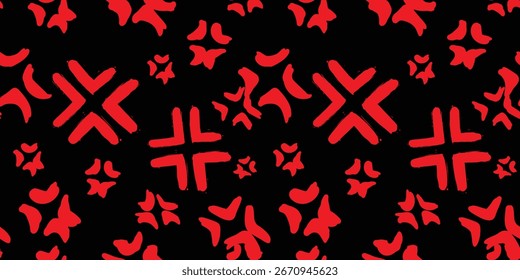 Seamless abstract pattern of red geometric arrow cross symbols repeated on a black background, creating a bold decorative vector texture.