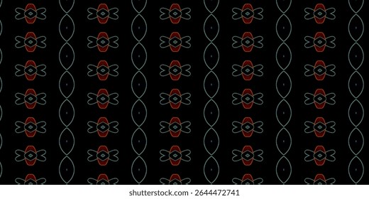 Seamless abstract pattern with red and green neon lines on black background. Futuristic, geometric, and symmetrical design ideal for textiles, wallpapers, and digital art. 