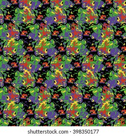 Seamless abstract pattern with red, green, lilac and yellow elements on black background
