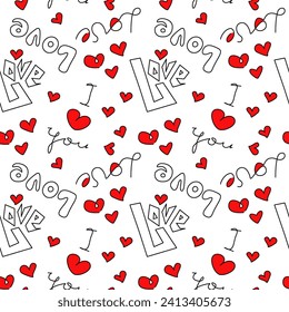 Patrón abstracto sin inconvenientes con corazones rojos, letras de amor en estilos diferentes. Fondo blanco. Vector. Día de San Valentín. Diseños para tejidos textiles, papel de envoltura, fondo, papel pintado, cubierta.