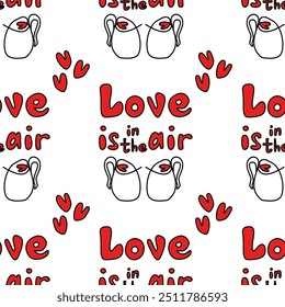 Seamless abstract pattern with red hearts, cups of coffee, Love letters. White background. Vector. Valentine's Day. Designs for textile fabrics, wrapping paper, background, wallpaper, cover.