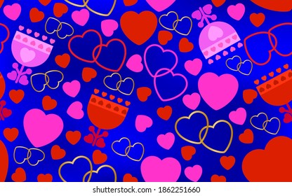 Seamless abstract pattern of red and pink hearts, pink, red, gold contours of hearts and minimalistic flowers on a blue background.Vector graphics for design and decoration.