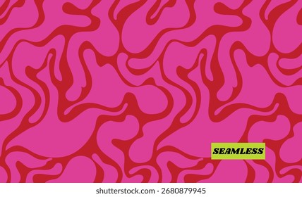Seamless abstract pattern with red pink organic curve flowing shapes.