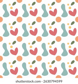 A seamless abstract pattern with red, teal, and orange droplet shapes on a white background. Bright and energetic, great for modern stationery and textile designs.
