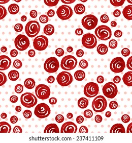 Seamless abstract pattern, red watercolor circles, ink.