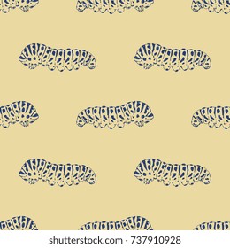 Seamless abstract pattern with repeating sketches of caterpillar. Etching style vector based on hand drawn ink illustration.