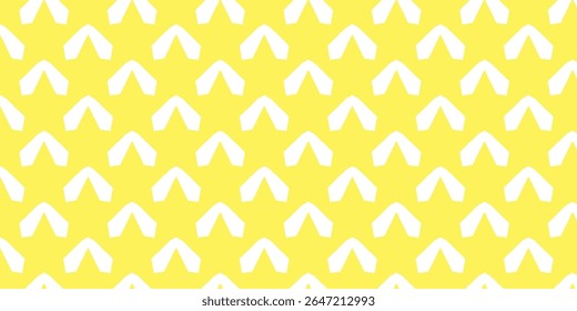 Seamless abstract pattern with repeating white geometric arrow shapes on a bright yellow background. Modern, playful, and minimal design
