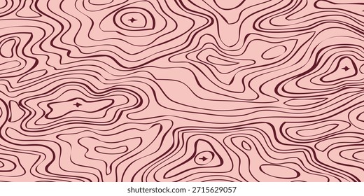 Un patrón abstracto sin fisuras que se asemeja al grano de madera, con líneas de remolino en marrón oscuro sobre un fondo rosa suave.