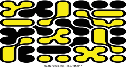 Seamless abstract pattern with retro geometric shapes in black and yellow.