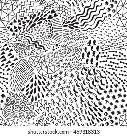 Seamless abstract pattern in retro memphis style. Black and White vector illustration.