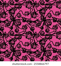 seamless abstract pattern of roses, black outline on a pink background, vector