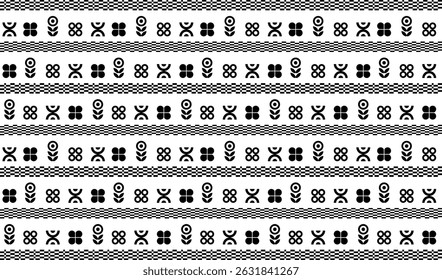 Seamless abstract pattern with round flower and geometric element in black on white background. Vector illustration, for shirt dress cloth textile table cover wallpaper decoration all over print