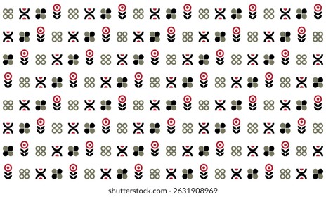 Seamless abstract pattern with round flower and geometric element in black gray and orange on white background. Vector illustration, for shirt dress cloth textile table cover wallpaper decoration 