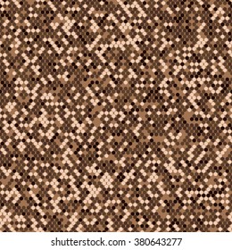 Seamless abstract pattern of round mosaic shape. Set of colors to simulate snakeskin. Round elements on brown background. Vector illustration.