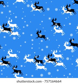 Seamless abstract pattern with running deer and snowflakes. Cute winter motif.