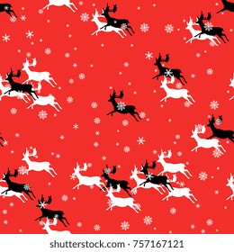 Seamless abstract pattern with running deer and snowflakes. Cute winter motif.