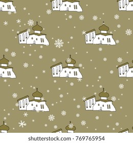 Seamless abstract pattern with Russian temples under snowflakes. Based on hand drawn art.