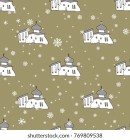 Seamless abstract pattern with Russian temples under snowflakes. Based on hand drawn art.