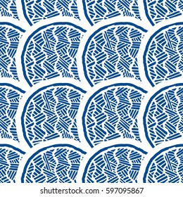 Seamless abstract pattern with scales. Lapis Blue and white color. Vector illustration